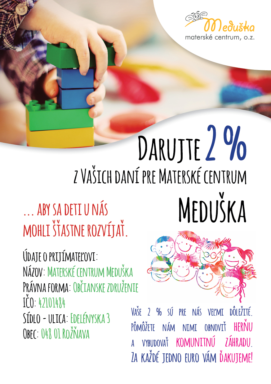 Darujte Materskému centru Meduška 2 % z vašich daní
